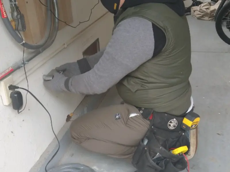 Electrician performing outlet wiring in a Erie garage